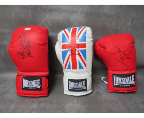 THREE SIGNED BOXING GLOVES, to include Lennox Lewis, Frank Bruno and Johnny Nelson 