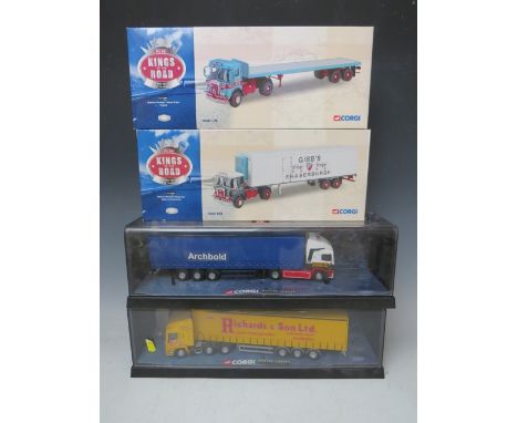 FOUR CORGI 1:50 SCALE ARTICULATED LORRIES AND TRAILERS,to include boxed Kings of the Road Pollock Atkinson Borderer flatbed c