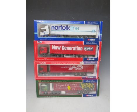 FOUR BOXED CORGI 1:50 SCALE ARTICULATED LORRIES AND TRAILERS, to include Norfolk Line Scania 76402, New Generation ERF CC 127
