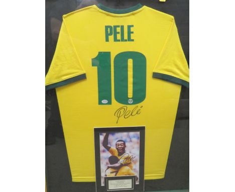 A FRAMED PELE FOOTBALL SHIRT AND PHOTOGRAPH, both signed 