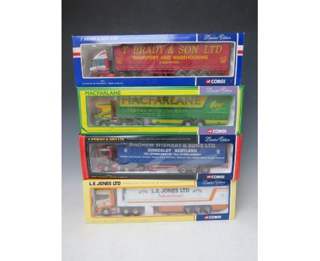 FOUR BOXED CORGI 1:50 SCALE ARTICULATED LORRIES AND TRAILERS, to include Jones International Scania CC12908, Wishart Scania C