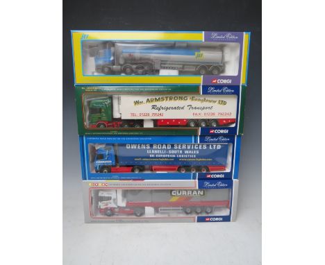 FOUR BOXED CORGI 1:50 SCALE ARTICULATED LORRIES AND TRAILERS, to include Curran Scania CC12907, Queens Road Services Volvo CC