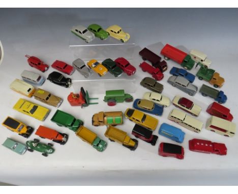 A TRAY CONTAINING FORTY FOUR VINTAGE DINKY VEHICLES, to include Leyland Comet, observation coach, Commer, Humber Hawk, Rolls 