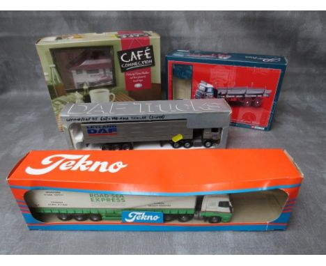 FOUR BOXED DIE CAST VEHICLES, to include 1:50 scale Tekno Road &amp; Sea Express articulated lorry and trailer, Tekno Leyland