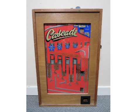 A BELL FRUIT 'CASCADE' WALL MOUNTED ARCADE PENNY SLOT MACHINE, wooden case with glazed front, W 48 cm, H 75 cm (No key at pre