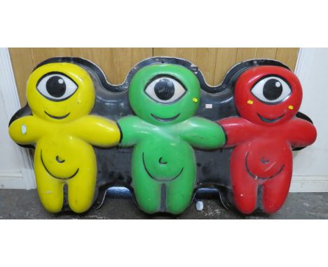 AN UNUSUAL PLEASURE BEACH LIGHT UP ALIEN SIGN, depicting three one-eyed aliens in a row in red, green and yellow, L 168 cm, H