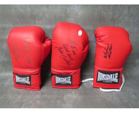 THREE SIGNED BOXING GLOVES, to include Amir Khan, Michael Watson and John Conteh 