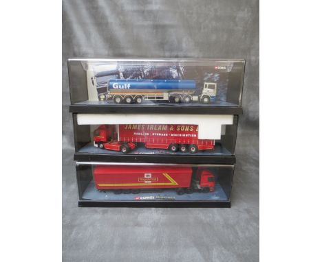 THREE CORGI 1:50 SCALE ARTICULATED LORRIES AND TRAILERS IN HARDCASE PLASTIC BOXES, to include Royal Mail, James Irlam and Gul