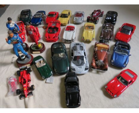 A COLLECTION OF UNBOXED DIE CAST CARS AND FIGURES, cars mainly 1:18 scale by Burago, Maisto etc., figures by 'The Art of Spor