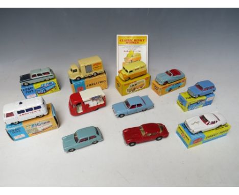 FIVE BOXED CORGI VEHICLES, to include 'The Saint's car 258', Morris Minor Mini 226, Ford Zephyr 226, Karrier 'Banatm' Lucozad