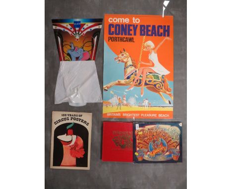 A VINTAGE CONEY BEACH PORTHCAWL PLEASURE BEACH POSTER, depicting a girl on a fairground galloper, 50 x 76 cm, along with a co