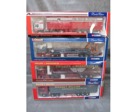 FOUR BOXED CORGI 1:50 SCALE ARTICULATED LORRIES AND TRAILERS, to include I Craig Scania CC12218, John Raymond MAN 7587, Phill