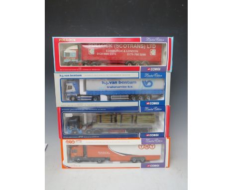 FOUR BOXED CORGI 1:50 SCALE ARTICULATED LORRIES AND TRAILERS, to include Pollock ERF 75204, HJ Van Bentum Scania CC12910, Jos