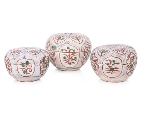 A GROUP OF THREE VIETNAMESE BLUE, RED AND GREEN BOXES
Annamese, Circa 15th/16th Century, red and green enamel, cobalt blue un