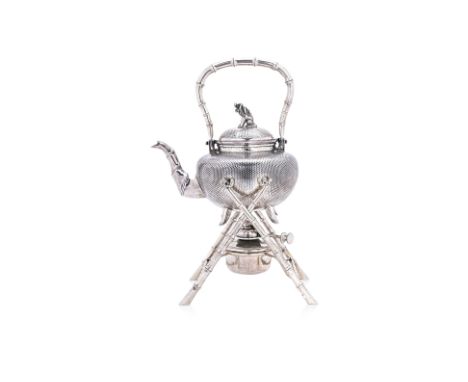 A CHINESE EXPORT SILVER KETTLE ON A STAND WITH BURNER
Late 19th-early 20th C., Luen Wo mark to kettle and burner, the kettle 