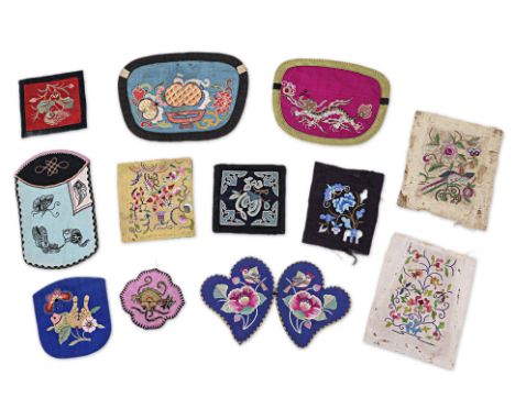 TWELVE PIECES OF CHINESE SILK EMBROIDERY
Comprising: two round waist purses, one square purse, one rectangular purses, one he