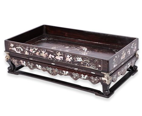 A VIETNAMESE MOTHER OF PEARL INLAID TRAY The top depicting a landscape scene with figures within a four lobed frame surrounde