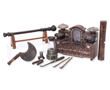 AN INTERESTING GROUP OF ASSORTED OPIUM RELATED OBJECTS
Chinese, 19th Century, comprising: a mother of pearl inlaid two tier p