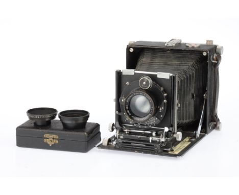 A Linhof Technika Large Format Folding Camera, black, 1936-45, 9 x 12cm format, serial no.19074, with a Hugo Meyer Plasmat Sa