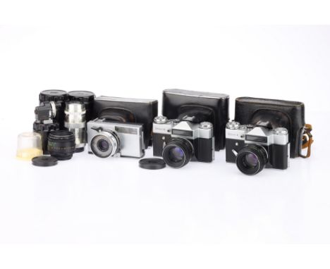 A Selection of Soviet Era Cameras &amp; Lenses, to include a Zenit-E, body G-VG, shutter working, slight marking to centre of