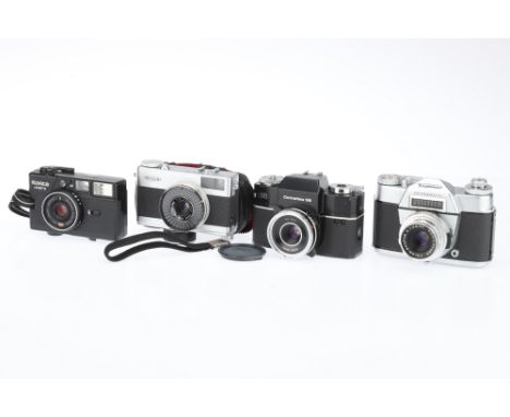 A Mixed Selection of SLR and Compact Film Cameras comprising a chrome Voigtländer Bessamatic SLR camera with a Color-Skopar X