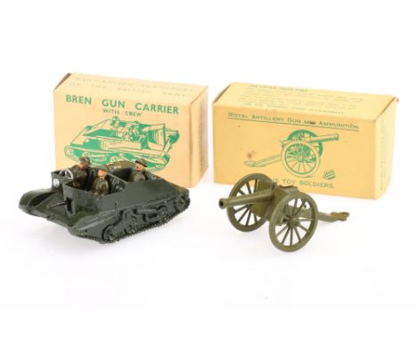 Britains last version boxed 1876 Bren Gun Carrier (With Crew) in dark green with gold exhausts, with 1263 Royal Artillery Gun
