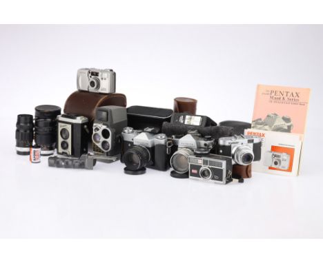 A Mixed Selection of Film Cameras comprising a Pentax Espio 90MC compact camera, powers up, flash fires, a Yashica J-5 SLR ca