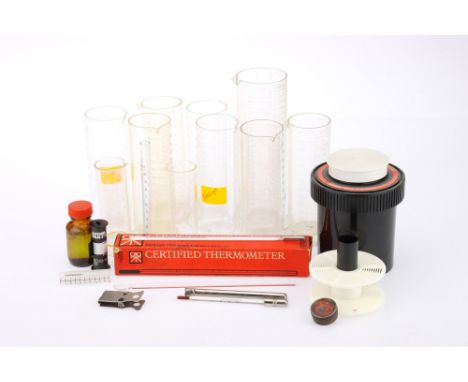 A Selection of Darkroom Plastic &amp; Glasswear, to include a range of measuring cylinders, a developing tank, a glass stirri