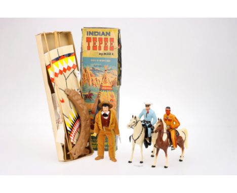 Hartland Plastics Lone Ranger and Tonto with a boxed Marx Toys Johnny West 1867 Indian Tepee, Teppe complete in complete, tho