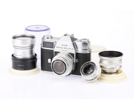 A Kodak Retina Reflex III 35mm SLR Outfit, chrome, body F-VG, shutter will not release, otherwise VG, together with a Retina-