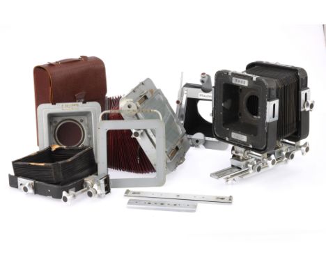 A Mixed Selection of Plaubel Pico Monorail Camera Parts, to include the rear standard, ground glass, &amp; bellows from a Pic