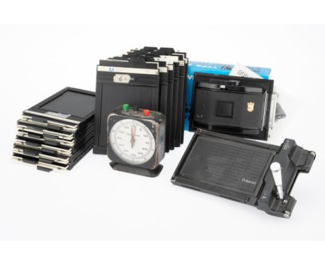 A Selection of Large Format Film Holders and Film Accessories comprising 12 Fidelity 5x4in. DDS plastic cut film holders, a W