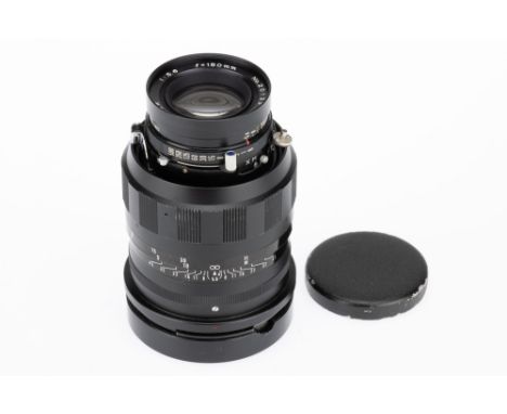 A Mamiya-Sekor f/5.6 150mm Camera Lens, black, serial no. 20133, body VG, shutter working, optics VG, some light dust present