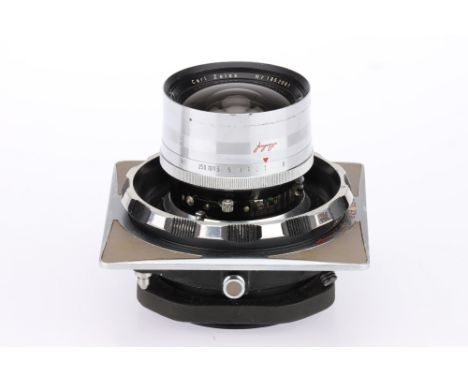 A Carl Zeiss Biogon f/4.5 53mm lens, for Linhof Press 23, chrome, serial no. 1852081, body, F, shutter working, elements, G, 