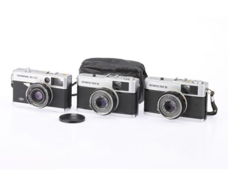 Three Olympus 35mm Viewfinder Cameras, to include an Oympus 35-EC, body G, shutter not tested, optics G, some light haze pres