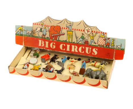 Japanese boxed set of lead copies of Britains and Charbens Circus figures, 16 pce set, strung into box, but some are playworn