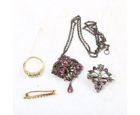 A group of jewellery, including an Austro-Hungarian ruby emerald and pearl brooch, a small 19th century gold and pearl brooch