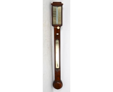 A Victorian flame mahogany stick mercury barometer and thermometer, by Dollond of London, with bone-handled adjustable gauge,