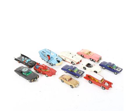 A box of Corgi and Dinky vehicles, including Green Lantern and Batman and are all based on comic book heroes or TV series 