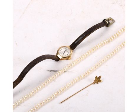 A lady's Waltham 9ct gold-cased wristwatch, a 10ct gold stick pin, and a pearl choker necklace with unmarked yellow metal mou