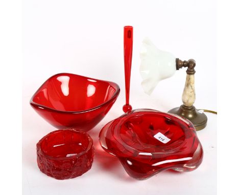 A group of ruby Art glass bowls, and a milk glass shade wall light fitting 