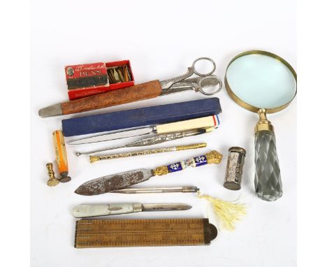 Various collectables, including glass-handled magnifying glass, silver-bladed mother-of-pearl fruit knife, French enamel pape