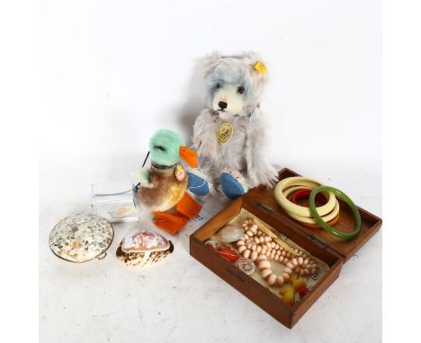 A Classic Series Steiff bear, and a Steiff duck, a shell purse, Bakelite jewellery, a pearl brooch etc 