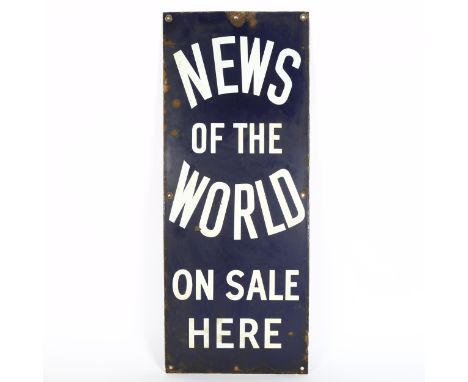 A Vintage 'News Of The World' blue and white enamel advertising sign, 76cm x 30cmSome enamel loss around edge holes and 3 sma