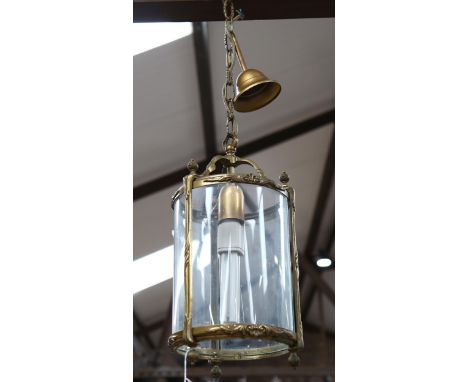 A Vintage brass-framed glass cylinder hanging lantern, height 80cm 