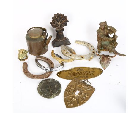 Various collectables, including sundial, horseshoes, cast-iron wheatsheaf doorstop etc 