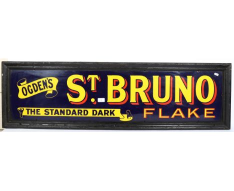 A Vintage Ogden's St Bruno "The Standard Dark Flake" enamel advertising sign, framed, overall 38cm x 130cmNo damage to enamel