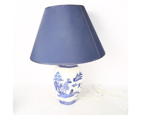 A Spode china Oriental design blue and white pattern lamp with shade, height including shade 60cm 