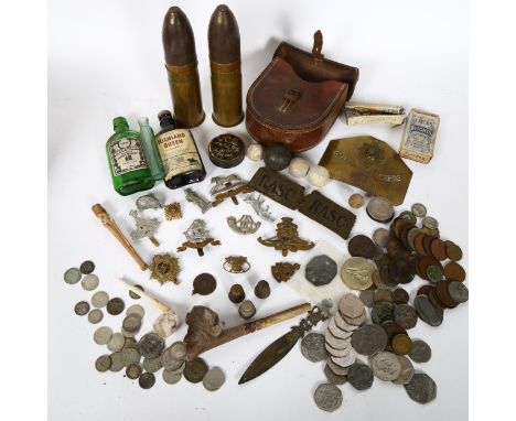 Various militaria related items, including cap badges, shell cases, Coldstream Guards plaque etc 