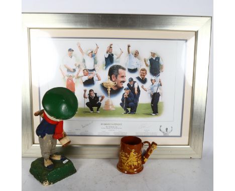 A Vintage Dunlop advertising golfing figure, height 38cm, a Dartmouth pottery golfing tankard, a limited edition print Europe